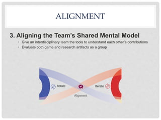 ALIGNMENT
3. Aligning the Team’s Shared Mental Model
• Give an interdisciplinary team the tools to understand each other’s contributions
• Evaluate both game and research artifacts as a group
 