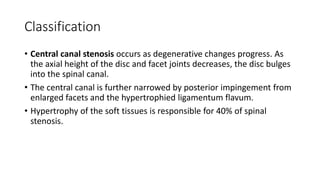 Classification
• Central canal stenosis occurs as degenerative changes progress. As
the axial height of the disc and facet joints decreases, the disc bulges
into the spinal canal.
• The central canal is further narrowed by posterior impingement from
enlarged facets and the hypertrophied ligamentum flavum.
• Hypertrophy of the soft tissues is responsible for 40% of spinal
stenosis.
 