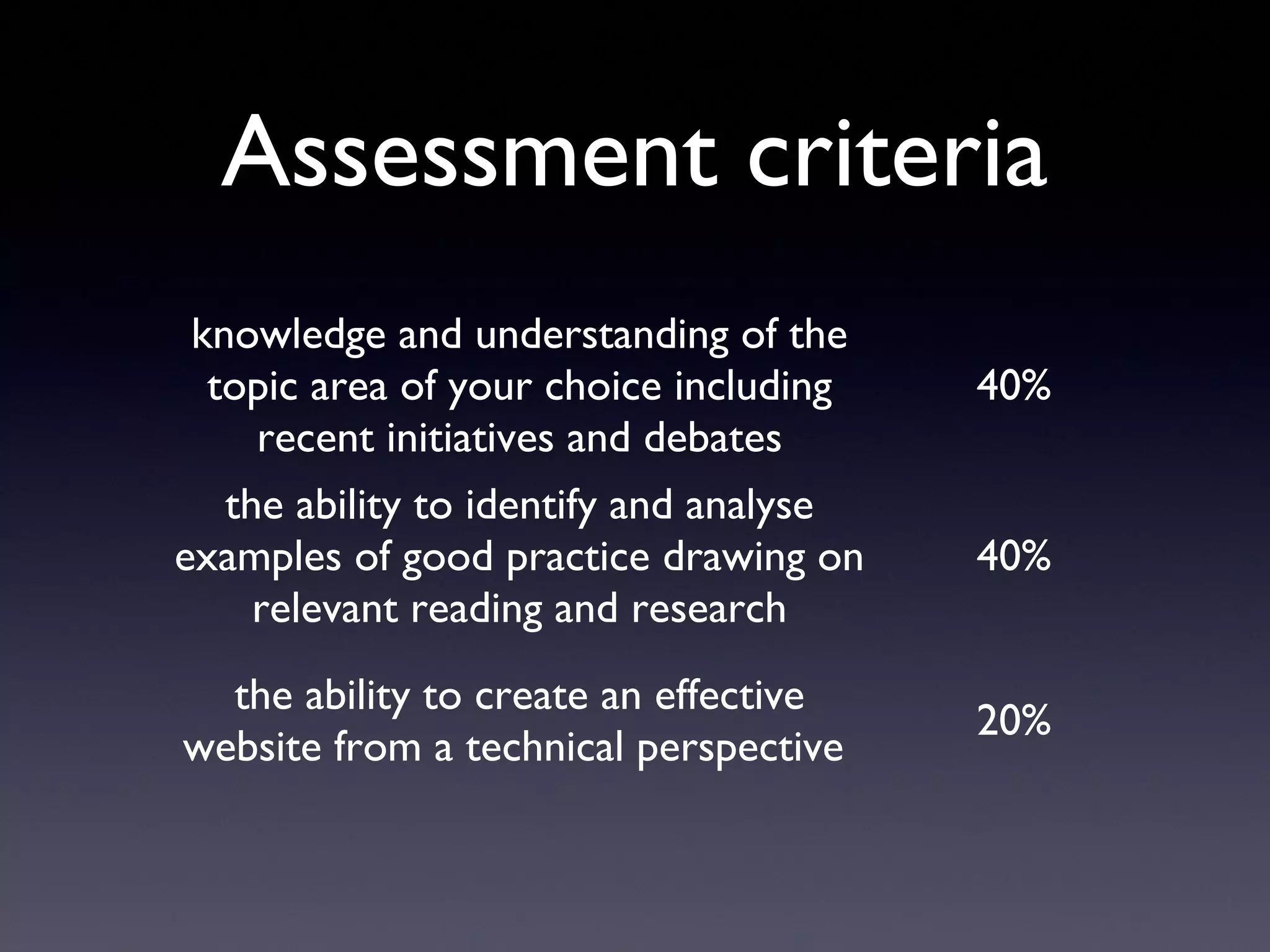 Assessment criteria
knowledge and understanding of the
topic area of your choice including
recent initiatives and debates
40%
the ability to identify and analyse
examples of good practice drawing on
relevant reading and research
40%
the ability to create an effective
website from a technical perspective
20%
 