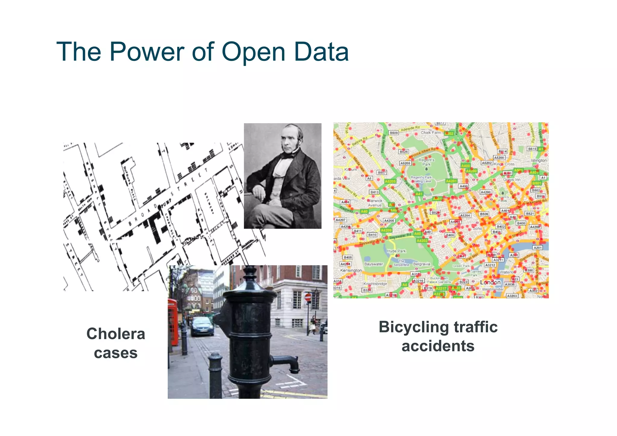 The Power of Open Data




  Cholera                Bicycling traffic
   cases                    accidents
 
