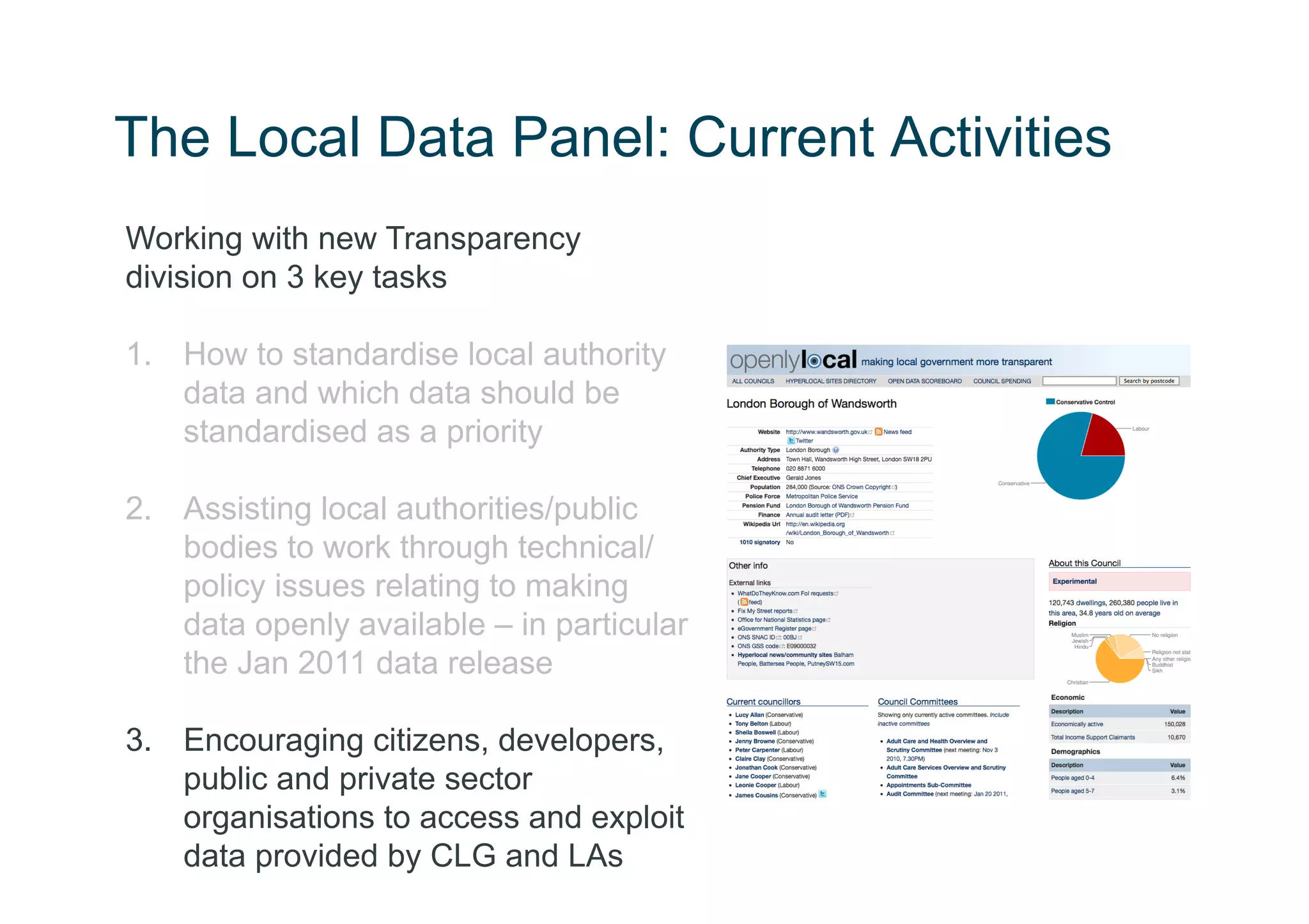 The Local Data Panel: Current Activities
Working with new Transparency
division on 3 key tasks

1.  How to standardise local authority
    data and which data should be
    standardised as a priority

2.  Assisting local authorities/public
    bodies to work through technical/
    policy issues relating to making
    data openly available – in particular
    the Jan 2011 data release

3.  Encouraging citizens, developers,
    public and private sector
    organisations to access and exploit
    data provided by CLG and LAs
 