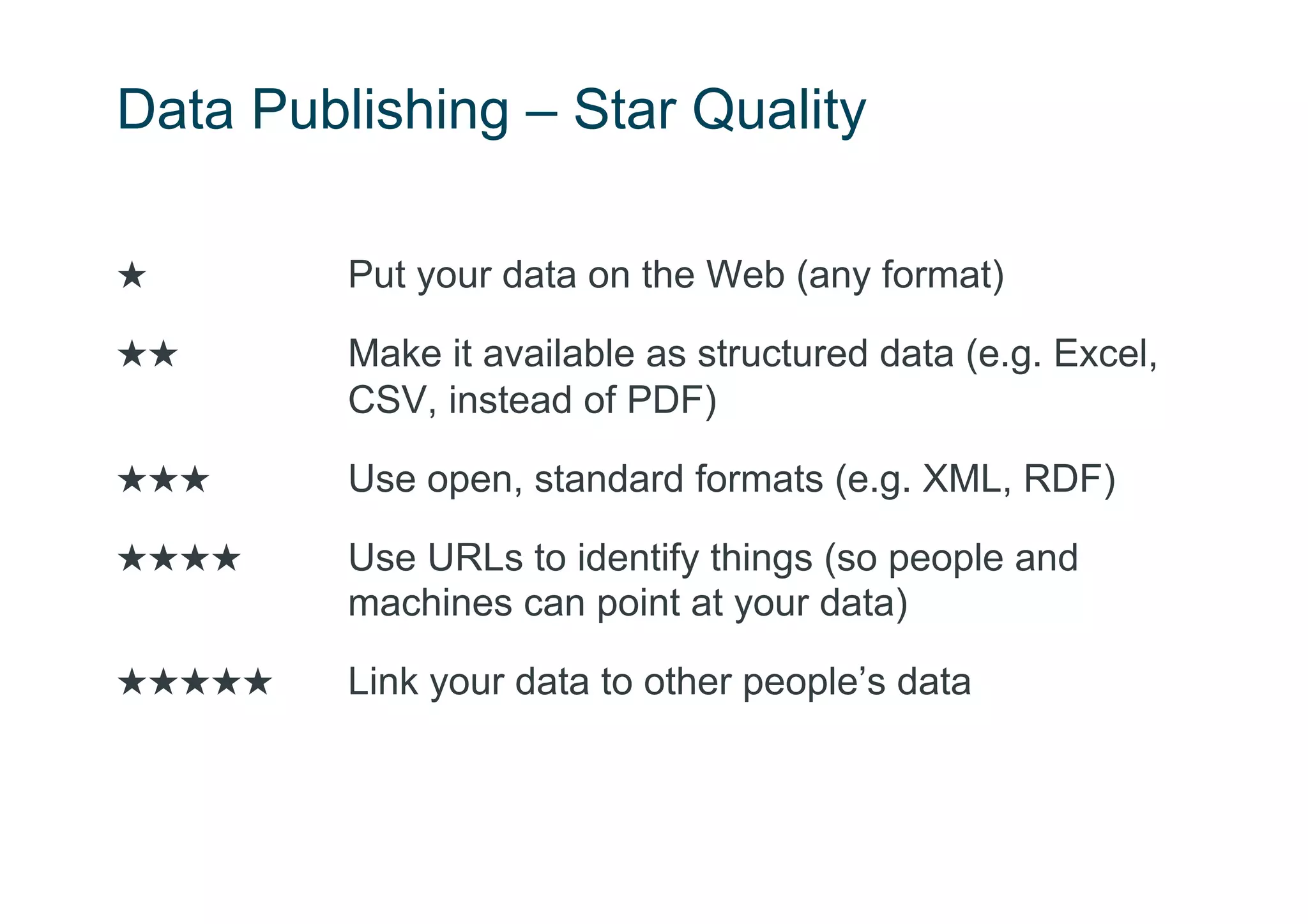 Data Publishing – Star Quality

★        Put your data on the Web (any format)

★★       Make it available as structured data (e.g. Excel,
         CSV, instead of PDF)

★★★      Use open, standard formats (e.g. XML, RDF)

★★★★     Use URLs to identify things (so people and
         machines can point at your data)

★★★★★    Link your data to other people’s data
 