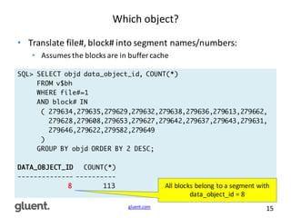 gluent.com 15
Which	
  object?
• Translate	
  file#,	
  block#	
  into	
  segment	
  names/numbers:
• Assumes	
  the	
  blocks	
  are	
  in	
  buffer	
  cache
SQL> SELECT objd data_object_id, COUNT(*)
FROM v$bh
WHERE file#=1
AND block# IN
( 279634,279635,279629,279632,279638,279636,279613,279662,
279628,279608,279653,279627,279642,279637,279643,279631,
279646,279622,279582,279649
)
GROUP BY objd ORDER BY 2 DESC;
DATA_OBJECT_ID COUNT(*)
-------------- ----------
8 113 All	
  blocks	
  belong	
  to	
  a	
  segment	
  with	
  
data_object_id	
  =	
  8
 