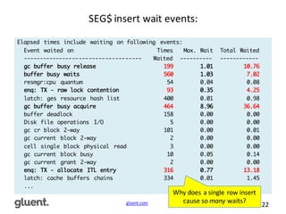 gluent.com 22
SEG$	
  insert	
  wait	
  events:
Elapsed times include waiting on following events:
Event waited on Times Max. Wait Total Waited
------------------------------------ Waited ---------- ------------
gc buffer busy release 199 1.01 10.76
buffer busy waits 560 1.03 7.02
resmgr:cpu quantum 54 0.04 0.08
enq: TX - row lock contention 93 0.35 4.25
latch: ges resource hash list 400 0.01 0.98
gc buffer busy acquire 464 8.96 36.64
buffer deadlock 158 0.00 0.00
Disk file operations I/O 5 0.00 0.00
gc cr block 2-way 101 0.00 0.01
gc current block 2-way 2 0.00 0.00
cell single block physical read 3 0.00 0.00
gc current block busy 10 0.05 0.14
gc current grant 2-way 2 0.00 0.00
enq: TX - allocate ITL entry 316 0.77 13.18
latch: cache buffers chains 334 0.01 1.45
...
Why	
  does	
  a	
  single	
  row	
  insert	
  
cause	
  so	
  many waits?
 