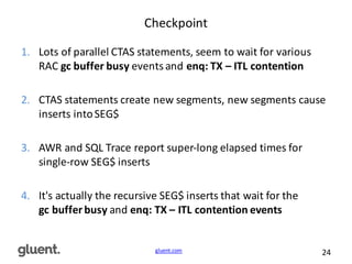gluent.com 24
Checkpoint
1. Lots	
  of	
  parallel	
  CTAS	
  statements,	
  seem	
  to	
  wait	
  for	
  various	
  
RAC	
  gc	
  buffer	
  busy	
  events	
  and	
  enq:	
  TX	
  – ITL	
  contention
2. CTAS	
  statements	
  create	
  new	
  segments,	
  new	
  segments	
  cause	
  
inserts	
  into	
  SEG$
3. AWR	
  and	
  SQL	
  Trace	
  report	
  super-­‐long	
  elapsed	
  times	
  for	
  
single-­‐row	
  SEG$	
  inserts
4. It's	
  actually	
  the	
  recursive	
  SEG$	
  inserts	
  that	
  wait	
  for	
  the	
  
gc	
  buffer	
  busy and	
  enq:	
  TX	
  – ITL	
  contention	
  events
 