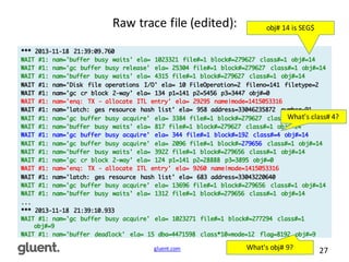 gluent.com 27
Raw	
  trace	
  file	
  (edited):
*** 2013-11-18 21:39:09.760
WAIT #1: nam='buffer busy waits' ela= 1023321 file#=1 block#=279627 class#=1 obj#=14
WAIT #1: nam='gc buffer busy release' ela= 25304 file#=1 block#=279627 class#=1 obj#=14
WAIT #1: nam='buffer busy waits' ela= 4315 file#=1 block#=279627 class#=1 obj#=14
WAIT #1: nam='Disk file operations I/O' ela= 10 FileOperation=2 fileno=141 filetype=2
WAIT #1: nam='gc cr block 2-way' ela= 134 p1=141 p2=5456 p3=3447 obj#=0
WAIT #1: nam='enq: TX - allocate ITL entry' ela= 29295 name|mode=1415053316
WAIT #1: nam='latch: ges resource hash list' ela= 958 address=33046235872 number=91
WAIT #1: nam='gc buffer busy acquire' ela= 3384 file#=1 block#=279627 class#=1 obj#=14
WAIT #1: nam='buffer busy waits' ela= 817 file#=1 block#=279627 class#=1 obj#=14
WAIT #1: nam='gc buffer busy acquire' ela= 344 file#=1 block#=192 class#=4 obj#=14
WAIT #1: nam='gc buffer busy acquire' ela= 2096 file#=1 block#=279656 class#=1 obj#=14
WAIT #1: nam='buffer busy waits' ela= 3922 file#=1 block#=279656 class#=1 obj#=14
WAIT #1: nam='gc cr block 2-way' ela= 124 p1=141 p2=28888 p3=3895 obj#=0
WAIT #1: nam='enq: TX - allocate ITL entry' ela= 9260 name|mode=1415053316
WAIT #1: nam='latch: ges resource hash list' ela= 683 address=33043220640
WAIT #1: nam='gc buffer busy acquire' ela= 13696 file#=1 block#=279656 class#=1 obj#=14
WAIT #1: nam='buffer busy waits' ela= 1312 file#=1 block#=279656 class#=1 obj#=14
...
*** 2013-11-18 21:39:10.933
WAIT #1: nam='gc buffer busy acquire' ela= 1023271 file#=1 block#=277294 class#=1
obj#=9
WAIT #1: nam='buffer deadlock' ela= 15 dba=4471598 class*10+mode=12 flag=8192 obj#=9
What's	
  obj#	
  9?
What's	
  class#	
  4?
obj#	
  14	
  is	
  SEG$
 