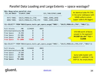 gluent.com 34
Parallel	
  Data	
  Loading	
  and	
  Large	
  Extents	
  – space	
  wastage?
SQL> @seg sales_parallel_ctas
SEG_MB OWNER SEGMENT_NAME SEG_TABLESPACE_NAME
------- ------- ------------------------- --------------------
9472 TANEL SALES_PARALLEL_CTAS TANEL_DEMO_LARGE
8896 TANEL SALES_PARALLEL_CTAS_FIX TANEL_DEMO_LARGE
SQL>SELECT * FROM TABLE(space_tools.get_space_usage('TANEL', 'SALES_PARALLEL_CTAS','TABLE'));
---------------------------------------------------------------------------------------
Full blocks /MB 1134669 8865
Unformatted blocks/MB 0 0
Free Space 0-25% 0 0
Free Space 25-50% 0 0
Free Space 50-75% 0 0
Free Space 75-100% 72963 570
SQL>SELECT * FROM TABLE(space_tools.get_space_usage('TANEL', 'SALES_PARALLEL_CTAS_FIX’,'TABLE'))
----------------------------------------------------------------------------------------
Full blocks /MB 1134669 8865
Unformatted blocks/MB 0 0
Free Space 0-25% 0 0
Free Space 25-50% 0 0
Free Space 50-75% 0 0
Free Space 75-100% 0 0
An	
  identical	
  table	
  PX	
  CTAS	
  
in	
  the	
  same	
  tablespace	
  with	
  
64MB	
  uniform	
  extent	
  
(upper	
  table	
  6.4%	
  bigger)
570	
  MB	
  worth	
  of	
  blocks	
  
unused	
  in	
  the	
  segment?
PX	
  DOP	
  16	
  x	
  64	
  *	
  ~0.5	
  =	
  
512MB
Same	
  table	
  loaded	
  with	
  
INSERT	
  /*+	
  APPEND	
  */	
  PX	
  
DOP	
  16.	
  No	
  empty	
  blocks
 
