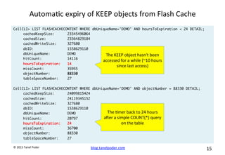 blog.tanelpoder.com	
   15	
  	
  	
  
©	
  2015	
  Tanel	
  Poder	
  
Automa^c	
  expiry	
  of	
  KEEP	
  objects	
  from	
  Flash	
  Cache	
  
CellCLI> LIST FLASHCACHECONTENT WHERE dbUniqueName='DEMO' AND hoursToExpiration < 24 DETAIL;
cachedKeepSize: 23345496064
cachedSize: 23364829184
cachedWriteSize: 327680
dbID: 1538629110
dbUniqueName: DEMO
hitCount: 14116
hoursToExpiration: 14
missCount: 35955
objectNumber: 88330
tableSpaceNumber: 27
CellCLI> LIST FLASHCACHECONTENT WHERE dbUniqueName='DEMO' AND objectNumber = 88330 DETAIL;
cachedKeepSize: 24099815424
cachedSize: 24119345152
cachedWriteSize: 327680
dbID: 1538629110
dbUniqueName: DEMO
hitCount: 20797
hoursToExpiration: 24
missCount: 36700
objectNumber: 88330
tableSpaceNumber: 27
The	
  KEEP	
  object	
  hasn't	
  been	
  
accessed	
  for	
  a	
  while	
  (~10	
  hours	
  
since	
  last	
  access)	
  
The	
  ^mer	
  back	
  to	
  24	
  hours	
  
auer	
  a	
  simple	
  COUNT(*)	
  query	
  
on	
  the	
  table	
  
 