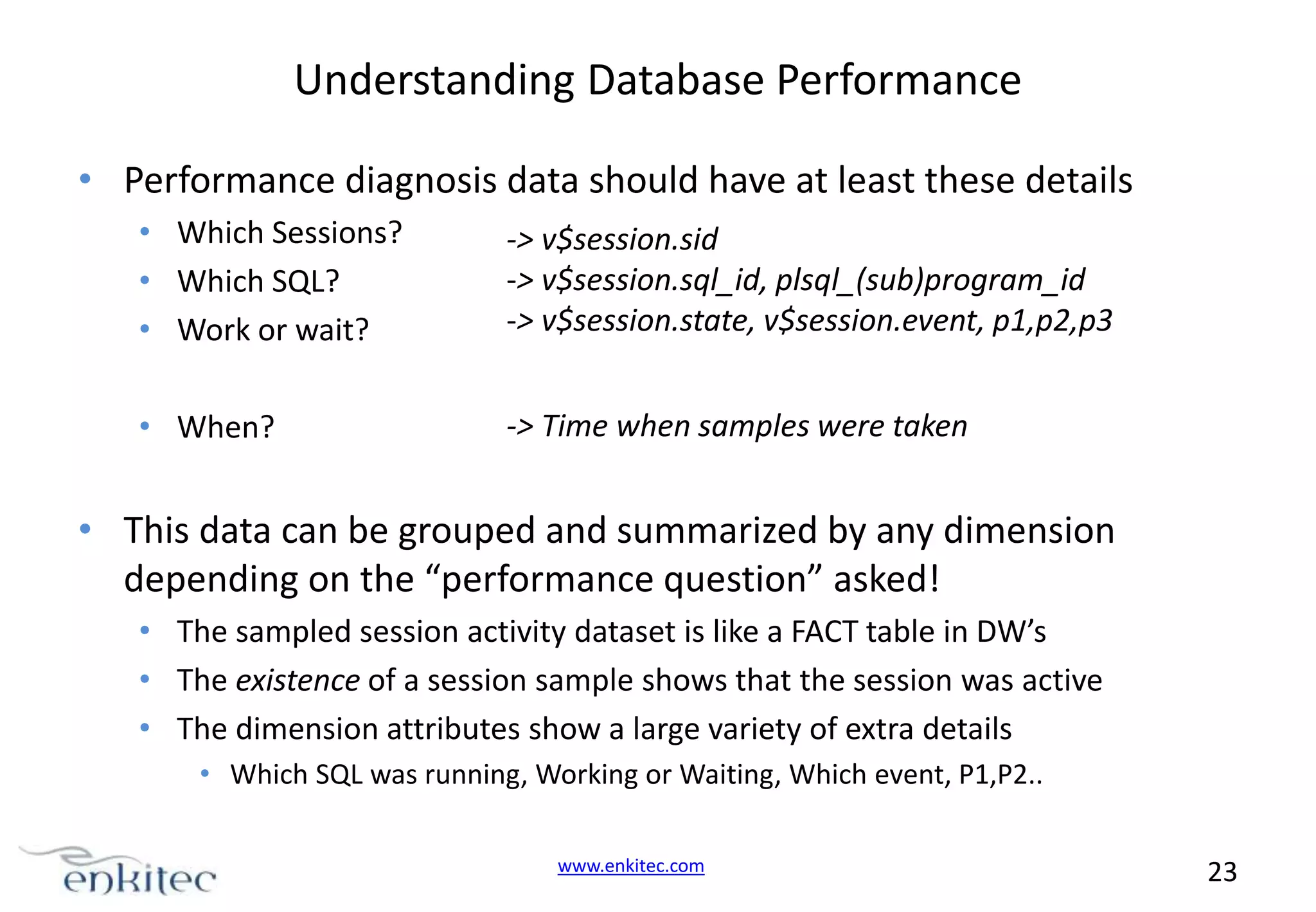 Understanding Database Performance • Performance diagnosis data should have at least these details • Which Sessions? • Which SQL? • Work or wait? -> v$session.sid -> v$session.sql_id, plsql_(sub)program_id -> v$session.state, v$session.event, p1,p2,p3 • When? -> Time when samples were taken • This data can be grouped and summarized by any dimension depending on the “performance question” asked! • The sampled session activity dataset is like a FACT table in DW’s • The existence of a session sample shows that the session was active • The dimension attributes show a large variety of extra details • Which SQL was running, Working or Waiting, Which event, P1,P2.. www.enkitec.com 23 