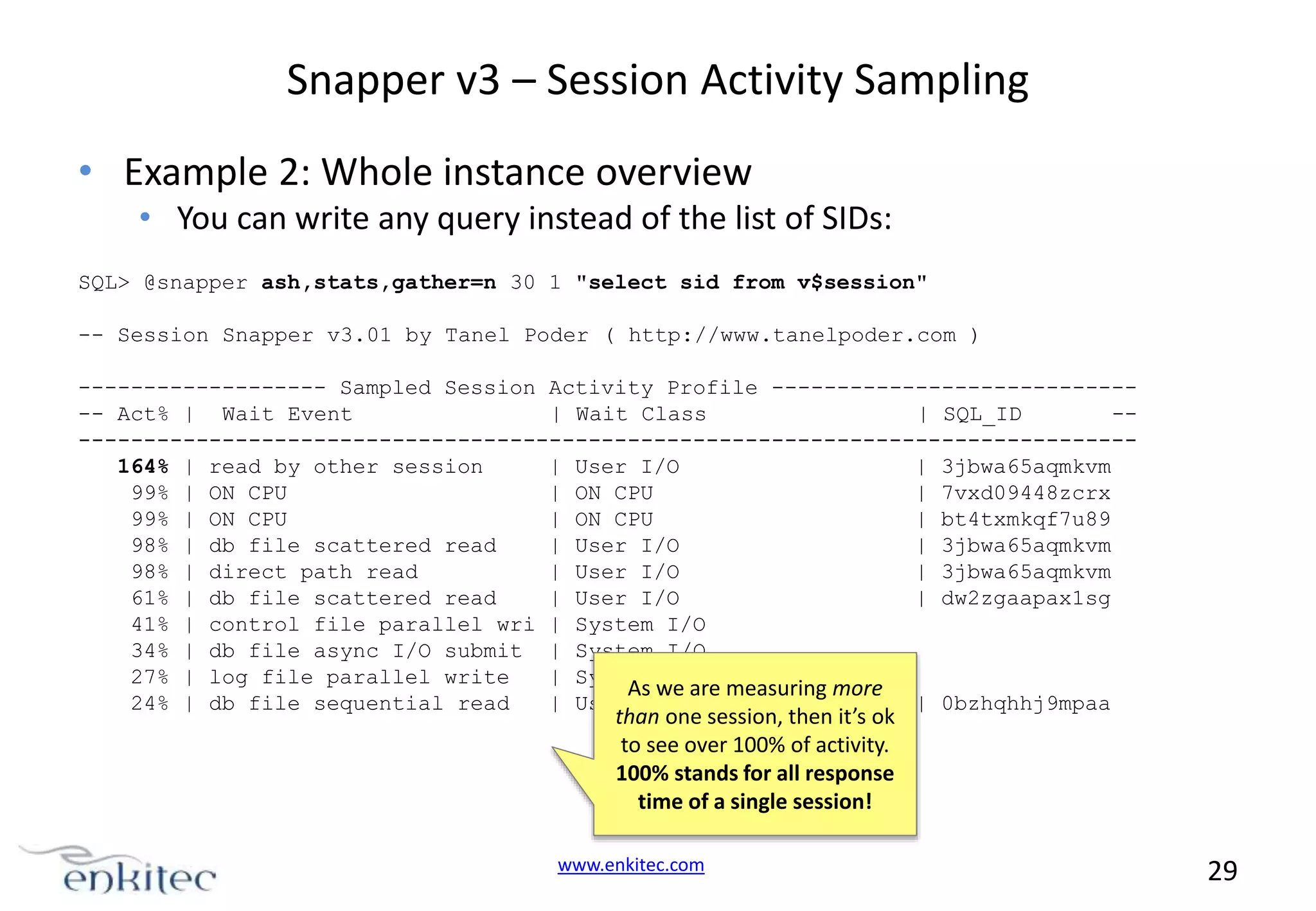Snapper v3 – Session Activity Sampling • Example 2: Whole instance overview • You can write any query instead of the list of SIDs: SQL> @snapper ash,stats,gather=n 30 1 "select sid from v$session" -- Session Snapper v3.01 by Tanel Poder ( http://www.tanelpoder.com ) ------------------- Sampled Session Activity Profile ----------------------------- Act% | Wait Event | Wait Class | SQL_ID ---------------------------------------------------------------------------------164% | read by other session | User I/O | 3jbwa65aqmkvm 99% | ON CPU | ON CPU | 7vxd09448zcrx 99% | ON CPU | ON CPU | bt4txmkqf7u89 98% | db file scattered read | User I/O | 3jbwa65aqmkvm 98% | direct path read | User I/O | 3jbwa65aqmkvm 61% | db file scattered read | User I/O | dw2zgaapax1sg 41% | control file parallel wri | System I/O 34% | db file async I/O submit | System I/O 27% | log file parallel write | System I/O As we are measuring more 24% | db file sequential read | User I/O | 0bzhqhhj9mpaa than one session, then it’s ok to see over 100% of activity. 100% stands for all response time of a single session! www.enkitec.com 29 