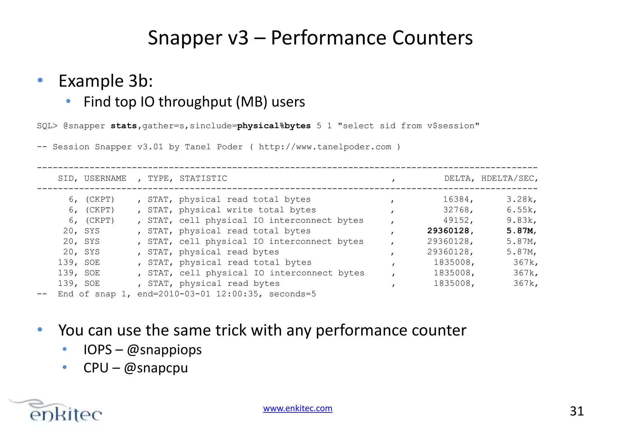 Snapper v3 – Performance Counters • Example 3b: • Find top IO throughput (MB) users SQL> @snapper stats,gather=s,sinclude=physical%bytes 5 1 "select sid from v$session" -- Session Snapper v3.01 by Tanel Poder ( http://www.tanelpoder.com ) ----------------------------------------------------------------------------------------------SID, USERNAME , TYPE, STATISTIC , DELTA, HDELTA/SEC, ----------------------------------------------------------------------------------------------6, (CKPT) , STAT, physical read total bytes , 16384, 3.28k, 6, (CKPT) , STAT, physical write total bytes , 32768, 6.55k, 6, (CKPT) , STAT, cell physical IO interconnect bytes , 49152, 9.83k, 20, SYS , STAT, physical read total bytes , 29360128, 5.87M, 20, SYS , STAT, cell physical IO interconnect bytes , 29360128, 5.87M, 20, SYS , STAT, physical read bytes , 29360128, 5.87M, 139, SOE , STAT, physical read total bytes , 1835008, 367k, 139, SOE , STAT, cell physical IO interconnect bytes , 1835008, 367k, 139, SOE , STAT, physical read bytes , 1835008, 367k, -- End of snap 1, end=2010-03-01 12:00:35, seconds=5 • You can use the same trick with any performance counter • • IOPS – @snappiops CPU – @snapcpu www.enkitec.com 31 