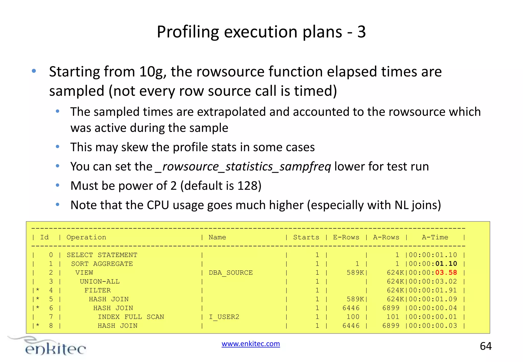 Profiling execution plans - 3 • Starting from 10g, the rowsource function elapsed times are sampled (not every row source call is timed) • The sampled times are extrapolated and accounted to the rowsource which was active during the sample • This may skew the profile stats in some cases • You can set the _rowsource_statistics_sampfreq lower for test run • Must be power of 2 (default is 128) • Note that the CPU usage goes much higher (especially with NL joins) -------------------------------------------------------------------------------------------------| Id | Operation | Name | Starts | E-Rows | A-Rows | A-Time | -------------------------------------------------------------------------------------------------| 0 | SELECT STATEMENT | | 1 | | 1 |00:00:01.10 | | 1 | SORT AGGREGATE | | 1 | 1 | 1 |00:00:01.10 | | 2 | VIEW | DBA_SOURCE | 1 | 589K| 624K|00:00:03.58 | | 3 | UNION-ALL | | 1 | | 624K|00:00:03.02 | |* 4 | FILTER | | 1 | | 624K|00:00:01.91 | |* 5 | HASH JOIN | | 1 | 589K| 624K|00:00:01.09 | |* 6 | HASH JOIN | | 1 | 6446 | 6899 |00:00:00.04 | | 7 | INDEX FULL SCAN | I_USER2 | 1 | 100 | 101 |00:00:00.01 | |* 8 | HASH JOIN | | 1 | 6446 | 6899 |00:00:00.03 | www.enkitec.com 64 