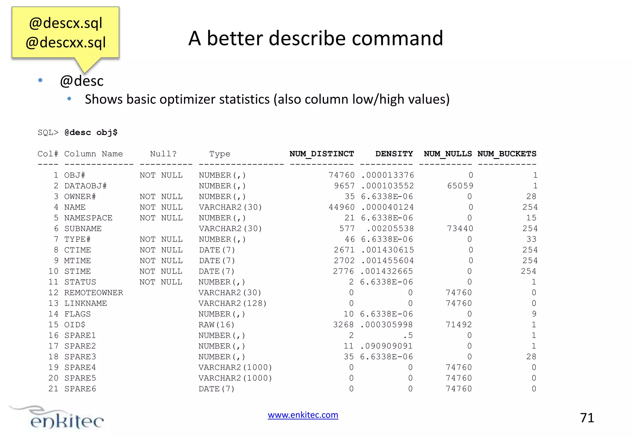 @descx.sql @descxx.sql A better describe command • @desc • Shows basic optimizer statistics (also column low/high values) SQL> @desc obj$ Col# ---1 2 3 4 5 6 7 8 9 10 11 12 13 14 15 16 17 18 19 20 21 Column Name ------------OBJ# DATAOBJ# OWNER# NAME NAMESPACE SUBNAME TYPE# CTIME MTIME STIME STATUS REMOTEOWNER LINKNAME FLAGS OID$ SPARE1 SPARE2 SPARE3 SPARE4 SPARE5 SPARE6 Null? Type NUM_DISTINCT DENSITY NUM_NULLS NUM_BUCKETS ---------- ---------------- ------------ ---------- ---------- ----------NOT NULL NUMBER(,) 74760 .000013376 0 1 NUMBER(,) 9657 .000103552 65059 1 NOT NULL NUMBER(,) 35 6.6338E-06 0 28 NOT NULL VARCHAR2(30) 44960 .000040124 0 254 NOT NULL NUMBER(,) 21 6.6338E-06 0 15 VARCHAR2(30) 577 .00205538 73440 254 NOT NULL NUMBER(,) 46 6.6338E-06 0 33 NOT NULL DATE(7) 2671 .001430615 0 254 NOT NULL DATE(7) 2702 .001455604 0 254 NOT NULL DATE(7) 2776 .001432665 0 254 NOT NULL NUMBER(,) 2 6.6338E-06 0 1 VARCHAR2(30) 0 0 74760 0 VARCHAR2(128) 0 0 74760 0 NUMBER(,) 10 6.6338E-06 0 9 RAW(16) 3268 .000305998 71492 1 NUMBER(,) 2 .5 0 1 NUMBER(,) 11 .090909091 0 1 NUMBER(,) 35 6.6338E-06 0 28 VARCHAR2(1000) 0 0 74760 0 VARCHAR2(1000) 0 0 74760 0 DATE(7) 0 0 74760 0 www.enkitec.com 71 