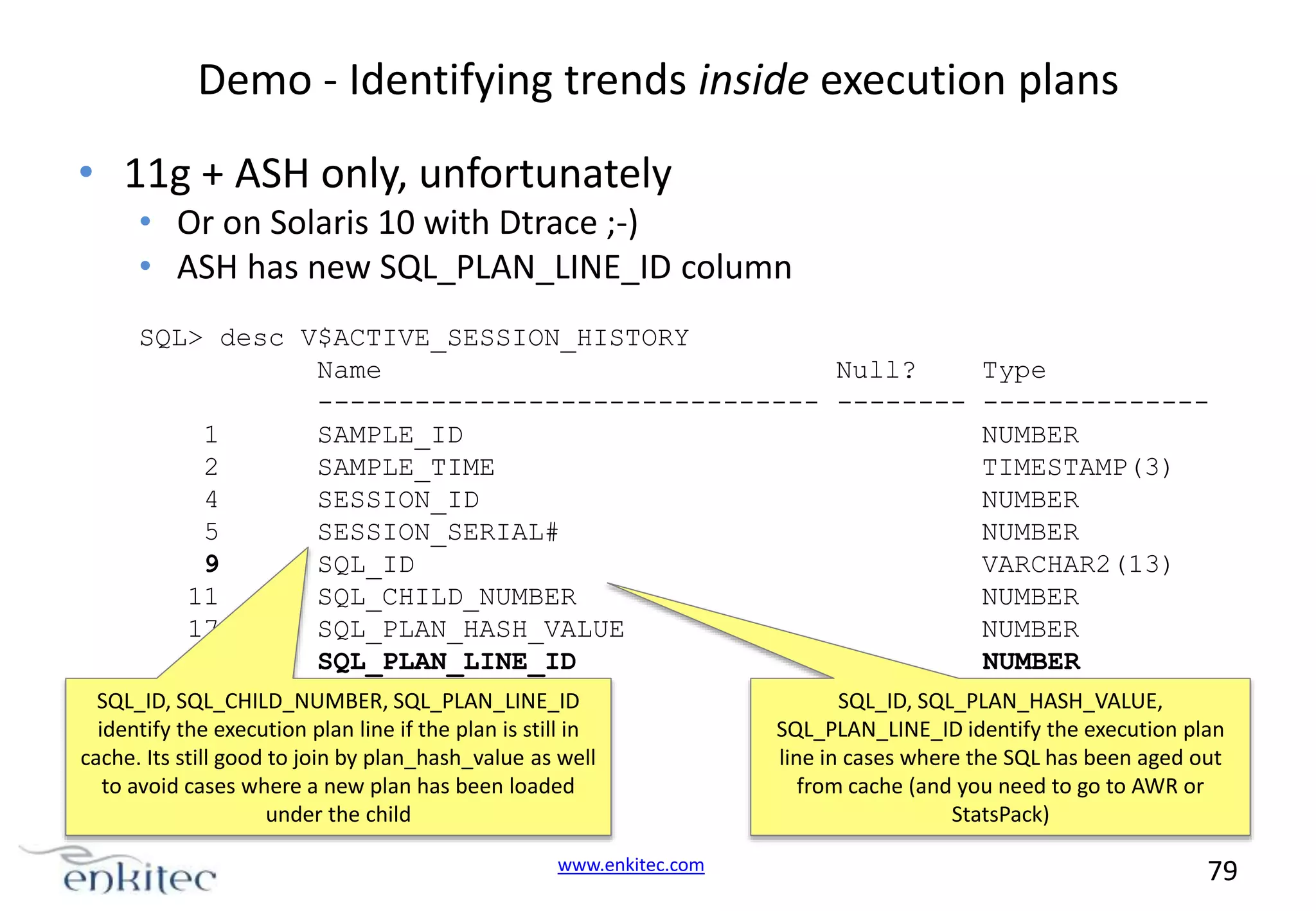 Demo - Identifying trends inside execution plans • 11g + ASH only, unfortunately • Or on Solaris 10 with Dtrace ;-) • ASH has new SQL_PLAN_LINE_ID column SQL> desc V$ACTIVE_SESSION_HISTORY Name Null? Type ------------------------------- -------- -------------1 SAMPLE_ID NUMBER 2 SAMPLE_TIME TIMESTAMP(3) 4 SESSION_ID NUMBER 5 SESSION_SERIAL# NUMBER 9 SQL_ID VARCHAR2(13) 11 SQL_CHILD_NUMBER NUMBER 17 SQL_PLAN_HASH_VALUE NUMBER 18 SQL_PLAN_LINE_ID NUMBER 19 SQL_PLAN_OPERATION VARCHAR2(30) SQL_ID, SQL_CHILD_NUMBER, SQL_PLAN_LINE_ID SQL_ID, SQL_PLAN_HASH_VALUE, 20 SQL_PLAN_OPTIONS VARCHAR2(30) identify the execution plan line if the plan is still in SQL_PLAN_LINE_ID identify the execution plan cache. Its still good to join by plan_hash_value as well to avoid cases where a new plan has been loaded under the child www.enkitec.com line in cases where the SQL has been aged out from cache (and you need to go to AWR or StatsPack) 79 