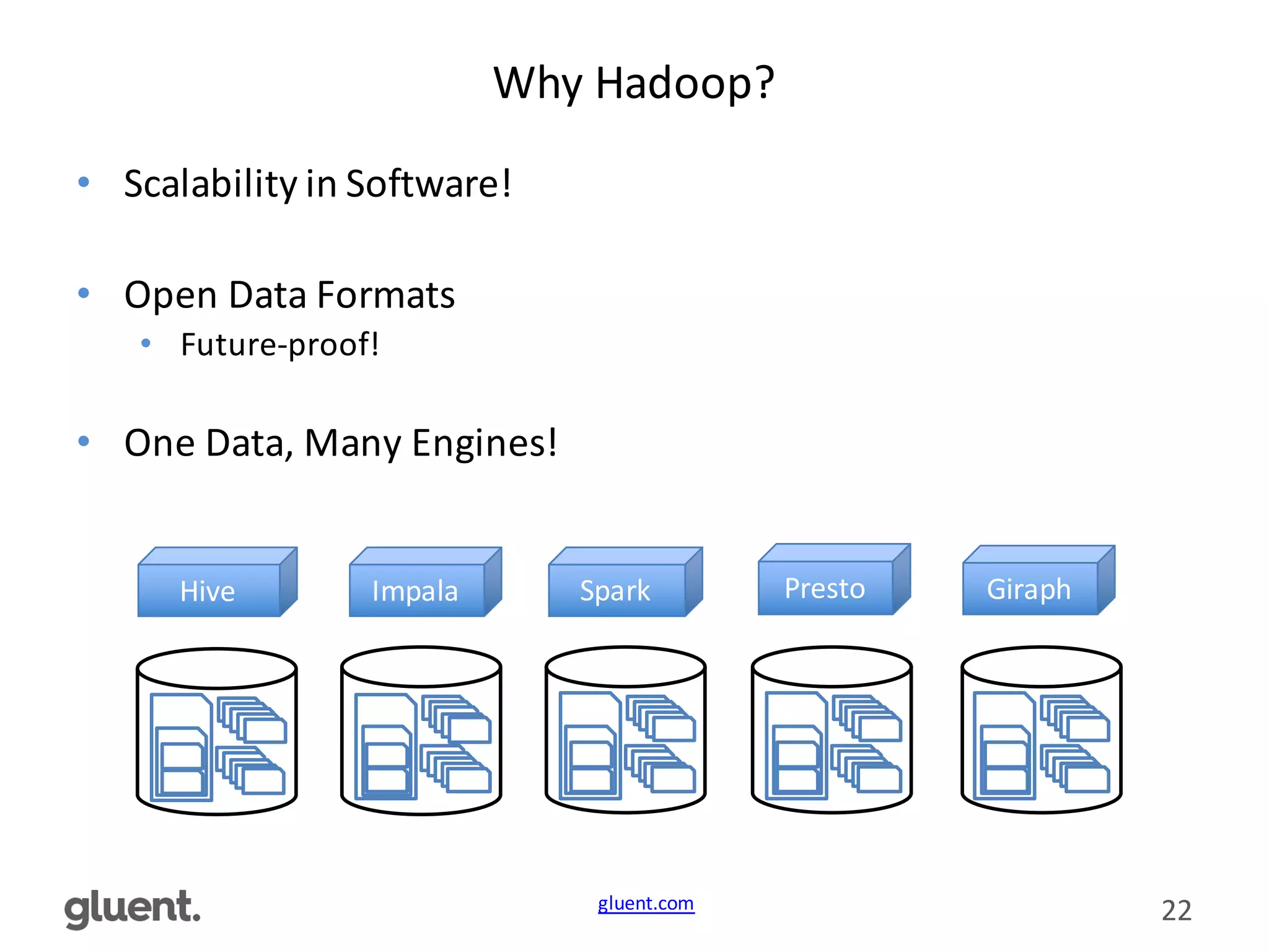 gluent.com 22
Why	
  Hadoop?
• Scalability	
  in	
  Software!
• Open	
  Data	
  Formats
• Future-­‐proof!
• One	
  Data,	
  Many	
  Engines!
Hive Impala Spark Presto Giraph
 