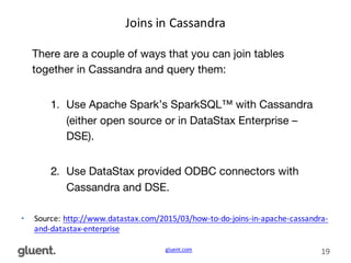 gluent.com 19
Joins	
  in	
  Cassandra
• Source:	
  http://www.datastax.com/2015/03/how-­‐to-­‐do-­‐joins-­‐in-­‐apache-­‐cassandra-­‐
and-­‐datastax-­‐enterprise
 
