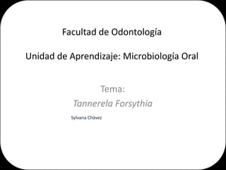 Facultad de Odontología

Unidad de Aprendizaje: Microbiología Oral


                 Tema:
           Tannerela Forsythia
          Sylvana Chávez
 