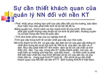 Sự cần thiết khách quan của
quản lý NN đối với nền KT
- Phải khắc phục những hạn chế của việc điều tiết của thị trường, bảo đảm
    thực hiện mục tiêu phát triển kinh tế xã hội đã đề ra.
-Bằng quyền lực, chính sách và sức mạnh kinh tế của mình. Nhà nước
    phải giải quyết những mâu thuẫn lợi ích kinh tế phố biến, thường xuyên
    và cơ bản trong nền kinh tế quốc dân.
- Tính khó khăn phức tạp của sự nghiệp kinh tế
-Tính giai cấp trong kinh tế và bản chất giai cấp của nhà nước
NN hình thành từ khi XH có giai cấp, đại diện lợi ích của giai cấp thống trị
    nhất định trong đó có lợi ích kinh tế. NN ta là của dân, do dân và vì
    dân. Mục tiêu phát triển KT-XH nhằm đem lại lợi ích vật chất và tinh
    thần cho dân. Tuy vây, trong nền KT nhiều thành phần, mở cửa sẽ
    xuất hiện xu hướng vừa hợp tác, vừa đấu tranh… và Nhà nước ta phải
    thể hiện bản chất GC của mình để bảo vệ lợi ích của dân tộc và của
    nhân dân ta.. trong quá trình PT kinh tế.., Đó chính là sự cần thiết
    khách quan của NN đối với nền KTTT định hướng XHCN ở Việt Nam.



                                                                         12
 