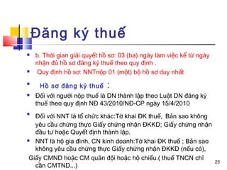 Đăng ký thuế
   b. Thời gian giải quyết hồ sơ: 03 (ba) ngày làm việc kể từ ngày
    nhận đủ hồ sơ đăng ký thuế theo quy định .
   Quy định hồ sơ: NNTnộp 01 (một) bộ hồ sơ duy nhất

     Hồ sơ đăng ký thuế      :
   Đối với người nộp thuế là DN thành lập theo Luật DN đăng ký
    thuế theo quy định NĐ 43/2010/NĐ-CP ngày 15/4/2010

   Đối với NNT là tổ chức khác:Tờ khai ĐK thuế, Bản sao không
   yêu cầu chứng thực Giấy chứng nhận ĐKKD; Giấy chứng nhận
   đầu tư hoặc Quyết định thành lập.
 NNT là hộ gia đình, CN kinh doanh:Tờ khai ĐK thuế ; Bản sao

   không yêu cầu chứng thực Giấy chứng nhận ĐKKD (nếu có),
 Giấy CMND hoặc CM quân đội hoặc hộ chiếu.( thuế TNCN chỉ
                                                                      25
   cần CMTND...)
 