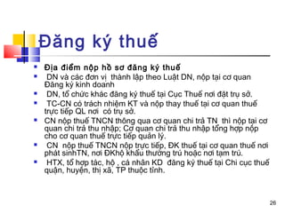 Đăng ký thuế
   Địa điểm nộp hồ sơ đăng ký thuế
    DN và các đơn vị thành lập theo Luật DN, nộp tại cơ quan
    Đăng ký kinh doanh
    DN, tổ chức khác đăng ký thuế tại Cục Thuế nơi đặt trụ sở.
    TC-CN có trách nhiệm KT và nộp thay thuế tại cơ quan thuế
    trực tiếp QL nơi có trụ sở.
   CN nộp thuế TNCN thông qua cơ quan chi trả TN thì nộp tại cơ
    quan chi trả thu nhập; Cơ quan chi trả thu nhập tổng hợp nộp
    cho cơ quan thuế trực tiếp quản lý.
    CN nộp thuế TNCN nộp trực tiếp, ĐK thuế tại cơ quan thuế nơi
    phát sinhTN, nơi ĐKhộ khẩu thường trú hoặc nơi tạm trú.
    HTX, tổ hợp tác, hộ , cá nhân KD đăng ký thuế tại Chi cục thuế
    quận, huyện, thị xã, TP thuộc tỉnh.



                                                                      26
 