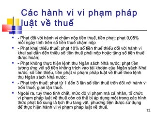 Các hành vi vi phạm pháp
     luật về thuế
   - Phạt đối với hành vi chậm nộp tiền thuế, tiền phạt: phạt 0,05%
    mỗi ngày tính trên số tiền thuế chậm nộp
   - Phạt khai thiếu thuế: phạt 10% số tiền thuế thiếu đối với hành vi
    khai sai dẫn đến thiếu số tiền thuế phải nộp hoặc tăng số tiền thuế
    được hoàn;
   - Phạt không thực hiện lệnh thu Ngân sách Nhà nước: phạt tiền
    tương ứng với số tiền không trích vào tài khoản của Ngân sách Nhà
    nước, số tiền thiếu, tiền phạt vi phạm pháp luật về thuế theo lệnh
    thu Ngân sách Nhà nước;
   - Phạt trốn thuế: phạt từ 1 đến 3 lần số tiền thuế trốn đối với hành vi
    trốn thuế, gian lận thuế.
   Ngoài ra, tuỳ theo tính chất, mức độ vi phạm mà cá nhân, tổ chức
    vi phạm pháp luật về thuế còn có thể bị áp dụng một trong các hình
    thức phạt bổ sung là tịch thu tang vật, phương tiện được sử dụng
    để thực hiện hành vi vi phạm pháp luật về thuế.
                                                                              72
 