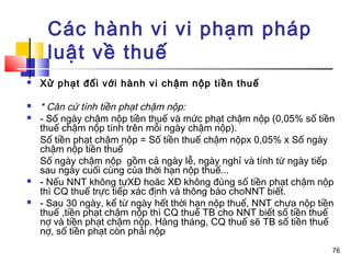Các hành vi vi phạm pháp
     luật về thuế
   Xử phạt đối với hành vi chậm nộp tiền thuế

   * Căn cứ tính tiền phạt chậm nộp:
   - Số ngày chậm nộp tiền thuế và mức phạt chậm nộp (0,05% số tiền
    thuế chậm nộp tính trên mỗi ngày chậm nộp).
    Số tiền phạt chậm nộp = Số tiền thuế chậm nộpx 0,05% x Số ngày
    chậm nộp tiền thuế
    Số ngày chậm nộp gồm cả ngày lễ, ngày nghỉ và tính từ ngày tiếp
    sau ngày cuối cùng của thời hạn nộp thuế...
   - Nếu NNT không tựXĐ hoăc XĐ không đúng số tiền phạt chậm nộp
    thì CQ thuế trực tiếp xác định và thông báo choNNT biết.
   - Sau 30 ngày, kể từ ngày hết thời hạn nộp thuế, NNT chưa nộp tiền
    thuế ,tiền phạt chậm nộp thì CQ thuế TB cho NNT biết số tiền thuế
    nợ và tiền phạt chậm nộp. Hàng tháng, CQ thuế sẽ TB số tiền thuế
    nợ, số tiền phạt còn phải nộp
                                                                     76
 