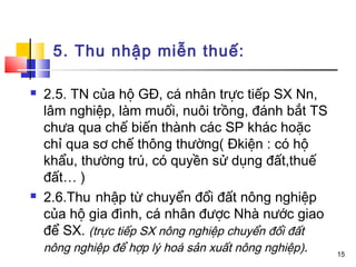 5. Thu nhập miễn thuế:

   2.5. TN của hộ GĐ, cá nhân trực tiếp SX Nn,
    lâm nghiệp, làm muối, nuôi trồng, đánh bắt TS
    chưa qua chế biến thành các SP khác hoặc
    chỉ qua sơ chế thông thường( Đkiện : có hộ
    khẩu, thường trú, có quyền sử dụng đất,thuế
    đất… )
   2.6.Thu nhập từ chuyển đổi đất nông nghiệp
    của hộ gia đình, cá nhân được Nhà nước giao
    để SX. (trực tiếp SX nông nghiệp chuyển đổi đất
    nông nghiệp để hợp lý hoá sản xuất nông nghiệp).   15
 