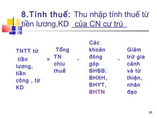 8.Tính thuế: Thu nhập tính thuế từ
  tiền lương,KD của CN cư trú

                          Các
TNTT từ        Tổng       khoản       Giảm
            = TN          đóng        trừ gia
 tiền                 -           -
lương,        chịu        góp         cảnh
tiền          thuế        BHBB:       và từ
                          BHXH,       thiện,
công , từ
                          BHYT,       nhân
KD
                          BHTN        đạo


                                                39
 