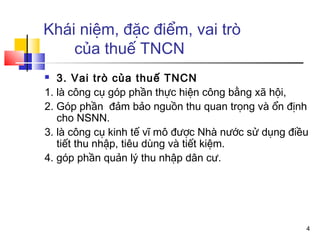 Khái niệm, đặc điểm, vai trò
    của thuế TNCN
  3. Vai trò của thuế TNCN
1. là công cụ góp phần thực hiện công bằng xã hội,
2. Góp phần đảm bảo nguồn thu quan trọng và ổn định
   cho NSNN.
3. là công cụ kinh tế vĩ mô được Nhà nước sử dụng điều
   tiết thu nhập, tiêu dùng và tiết kiệm.
4. góp phần quản lý thu nhập dân cư.




                                                     4
 