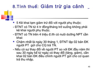 8.Tính thuế: Giảm trừ gia cảnh


  5 Kê khai tạm giảm trừ đối với người phụ thuộc:
- ĐTNT có TN từ 4 tr đồng/tháng trở xuống không phải
   kê khai người phụ thuộc.
- ĐTNT có TN trên 4 triệu đ./th có nuôi dưỡng NPT cần
   khai:
 Chậm nhất là ngày 30 tháng 1, ĐTNT lập 02 bản ĐK

   người PT gửi cho CQ trả TN.
- Nếu có sự thay đổi về người PT so với ĐK đầu năm thì
   sau 30 ngày kể từ ngày có thay đổi (tăng, giảm), cần
   khai 02 bản ĐK điều chỉnh người PT gửi cho cơ quan
   trả thu nhập.

                                                     45
 