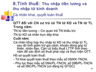8.Tính thuế: Thu nhập tiền lương v à
thu nhập từ kinh doanh
Cá nhân khai, quyết toán thuế

QTT đối với CN cư trú có TN từ KD và TN từ TL
Trong năm:
TN từ tiền lương – Cơ quan trả TN khấu trừ
TN từ KD cá nhân trực tiếp khai
Cuối năm:
Cá nhân tổng hợp thu nhập từ KD và thu nhập từ TL,
   sau đó tính giảm trừ gia cảnh, khoản đóng góp từ
   thiện, nhân đạo. Căn cứ biểu thuế LTTP tính theo
   năm để xác định số thuế phải nộp và thực hiện QTT.
Hồ sơ quyết toán thuế:
- Tờ khai quyết toán thuế theo mẫu số 09/KK-TNCN;
- Phụ lục theo mẫu số 09A/PL-TNCN; số 09B/PL-TNCN
   và số 09C/PL-TNCN (có đăng ký GTGC)
                                                    61
 