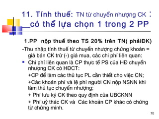 11. Tính thuế: TN từ chuyển nhượng CK              :
   có thể lựa chọn 1 trong 2 PP

1.PP nộp thuế theo TS 20% trên TN( phảiĐK)
-Thu nhập tính thuế từ chuyển nhượng chứng khoán =
  giá bán CK trừ (-) giá mua, các chi phí liên quan:
 Chi phí liên quan là CP thực tế PS của HĐ chuyển

  nhượng CK có HĐCT:
  +CP để làm các thủ tục PL cần thiết cho việc CN;
  +Các khoản phí và lệ phí người CN nộp NSNN khi
  làm thủ tục chuyển nhượng;
  + Phí lưu ký CK theo quy định của UBCKNN
  + Phí uỷ thác CK và Các khoản CP khác có chứng
  từ chứng minh.
                                                       70
 