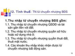 12. Tính thuế: TN từ chuyển nhượng BĐS


1.Thu nhập từ chuyển nhượng BĐS gồm:
1.1. Thu nhập từ chuyển nhượng QSDĐ và tài
  sản gắn liền với đất;
1.2. Thu nhập từ chuyển nhượng quyền sở hữu
  hoặc sử dụng nhà ở;
1.3. Thu nhập từ chuyển nhượng quyền thuê đất,
  thuê mặt nước;
1.4. Các khoản thu nhập khác nhận được từ
  chuyển nhượng bất động sản.
                                                 72
 