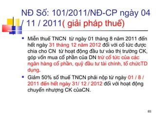 NĐ Số: 101/2011/NĐ-CP ngày 04
/ 11 / 2011( giải pháp thuế)
   Miễn thuế TNCN từ ngày 01 tháng 8 năm 2011 đến
    hết ngày 31 tháng 12 năm 2012 đối với cổ tức được
    chia cho CN từ hoạt động đầu tư vào thị trường CK,
    góp vốn mua cổ phần của DN trừ cổ tức của các
    ngân hàng cổ phần, quỹ đầu tư tài chính, tổ chứcTD
    dụng.
   Giảm 50% số thuế TNCN phải nộp từ ngày 01 / 8 /
    2011 đến hết ngày 31/ 12 / 2012 đối với hoạt động
    chuyển nhượng CK củaCN.



                                                         85
 