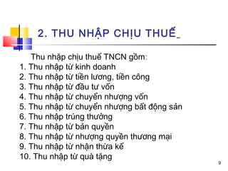 2. THU NHẬP CHỊU THUẾ

   Thu nhập chịu thuế TNCN gồm:
1. Thu nhập từ kinh doanh
2. Thu nhập từ tiền lương, tiền công
3. Thu nhập từ đầu tư vốn
4. Thu nhập từ chuyển nhượng vốn
5. Thu nhập từ chuyển nhượng bất động sản
6. Thu nhập trúng thưởng
7. Thu nhập từ bản quyền
8. Thu nhập từ nhượng quyền thương mại
9. Thu nhập từ nhận thừa kế
10. Thu nhập từ quà tặng
                                            9
 