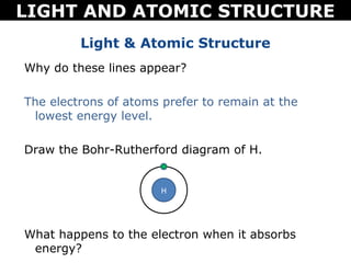 LIGHT AND ATOMIC STRUCTURE
         Light & Atomic Structure
Why do these lines appear?

The electrons of atoms prefer to remain at the
 lowest energy level.

Draw the Bohr-Rutherford diagram of H.


                       H




What happens to the electron when it absorbs
 energy?
 