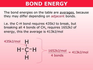 BOND ENERGY
The bond energies on the table are averages, because
they may differ depending on adjacent bonds.
i.e. the C-H bond requires 435kJ to break, but
breaking all 4 bonds of CH4 requires 1652kJ of
energy, this the average is 413kJ/mol
C HH
H
H
435kJ/mol
1652kJ/mol
4 bonds
= 413kJ/mol
 