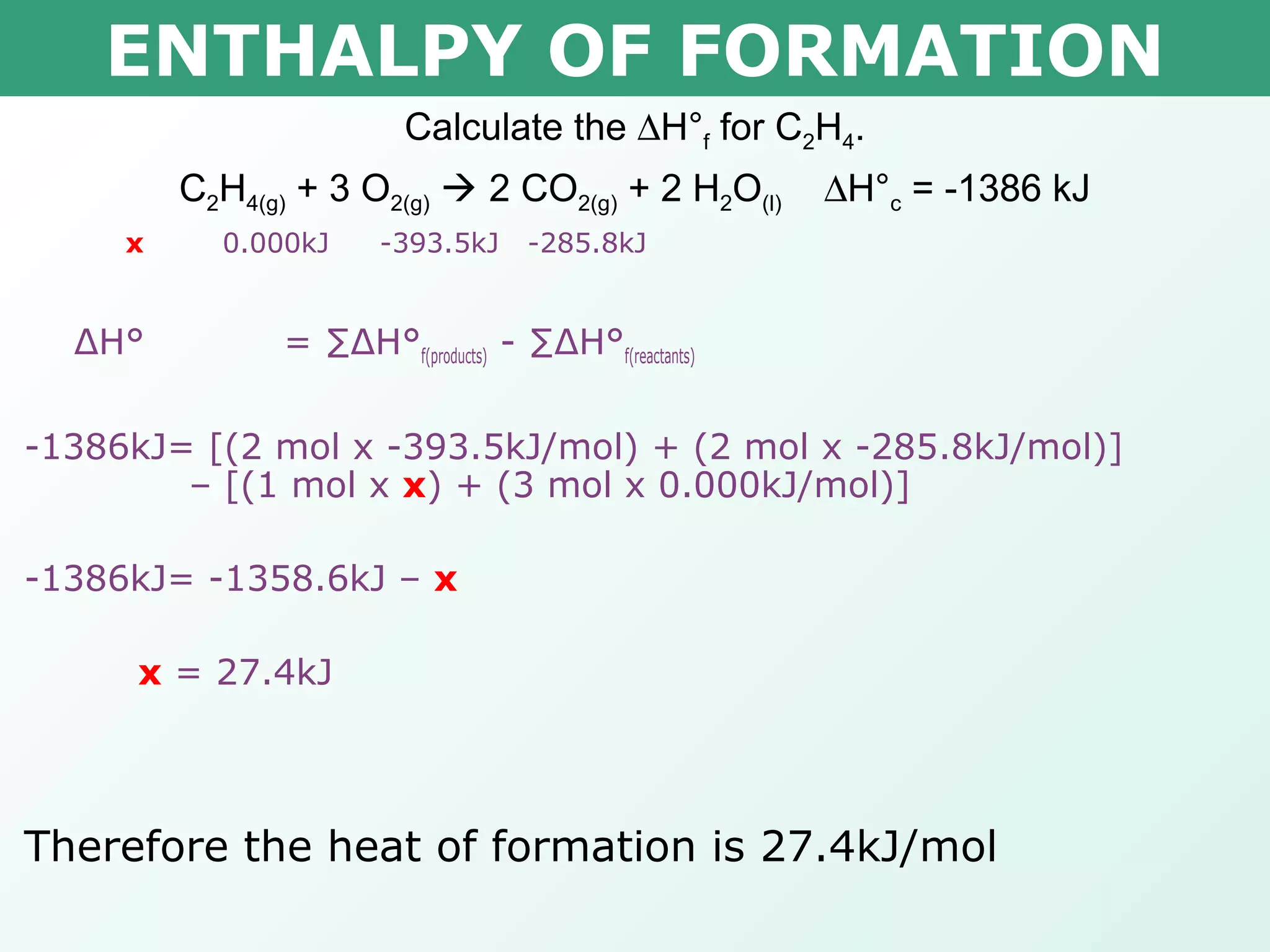 ENTHALPY OF FORMATION
x 0.000kJ -393.5kJ -285.8kJ
ΔH° = ∑ΔH°f(products) - ∑ΔH°f(reactants)
-1386kJ= [(2 mol x -393.5kJ/mol) + (2 mol x -285.8kJ/mol)]
– [(1 mol x x) + (3 mol x 0.000kJ/mol)]
-1386kJ= -1358.6kJ – x
x = 27.4kJ
Therefore the heat of formation is 27.4kJ/mol
Calculate the ∆H°f for C2H4.
C2H4(g) + 3 O2(g)  2 CO2(g) + 2 H2O(l) ∆H°c = -1386 kJ
 