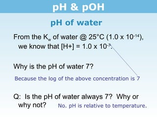 pH & pOH pH of water From the K w  of water @ 25°C (1.0 x 10 -14 ), we know that [H+] = 1.0 x 10 -7 . Why is the pH of water 7? Q:  Is the pH of water always 7?  Why or why not? Because the log of the above concentration is 7 No. pH is relative to temperature.  