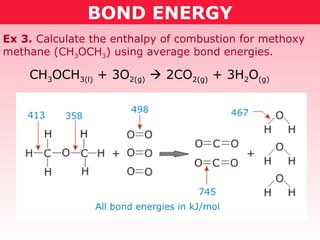 BOND ENERGY Ex 3.  Calculate the enthalpy of combustion for methoxy methane (CH 3 OCH 3 ) using average bond energies. CH 3 OCH 3(l)  + 3O 2(g)     2CO 2(g)  + 3H 2 O (g) 
