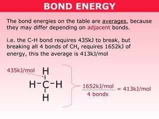 BOND ENERGY The bond energies on the table are  averages , because they may differ depending on  adjacent  bonds. i.e. the C-H bond requires 435kJ to break, but breaking all 4 bonds of CH 4  requires 1652kJ of energy, this the average is 413kJ/mol 435kJ/mol 1652kJ/mol 4 bonds = 413kJ/mol C H H H H 