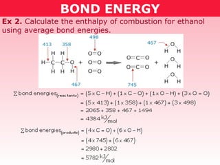 BOND ENERGY Ex 2.  Calculate the enthalpy of combustion for ethanol using average bond energies. 
