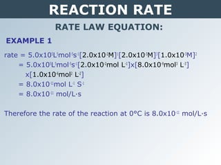 REACTION RATE
RATE LAW EQUATION:
rate = 5.0x105
L5
mol-5
s-1
[2.0x10-2
M]1
[2.0x10-3
M]3
[1.0x10-3
M]2
= 5.0x105
L5
mol-5
s-1
[2.0x10-2
mol L-1
]x[8.0x10-9
mol3
L-3
]
x[1.0x10-6
mol2
L-2
]
= 8.0x10-11
mol L-1
S-1
= 8.0x10-11
mol/L∙s
Therefore the rate of the reaction at 0°C is 8.0x10-11
mol/L∙s
EXAMPLE 1
 