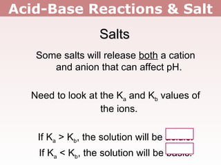 Acid-Base Reactions & Salt Salts Some salts will release  both  a cation and anion that can affect pH. Need to look at the K a  and K b  values of the ions. If K a  > K b , the solution will be acidic. If K a  < K b , the solution will be basic. 