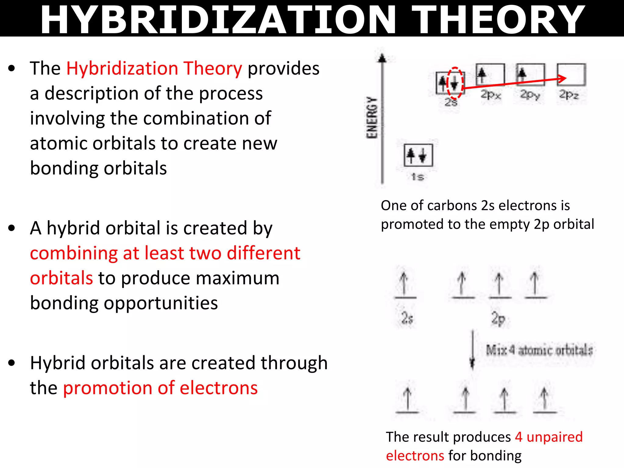 HYBRIDIZATION THEORY
• The Hybridization Theory provides
a description of the process
involving the combination of
atomic orbitals to create new
bonding orbitals
• A hybrid orbital is created by
combining at least two different
orbitals to produce maximum
bonding opportunities
• Hybrid orbitals are created through
the promotion of electrons
One of carbons 2s electrons is
promoted to the empty 2p orbital
The result produces 4 unpaired
electrons for bonding
 