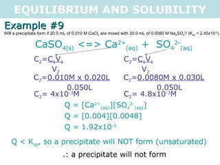 EQUILIBRIUM AND SOLUBILITY Example #9 Will a precipitate form if 20.0 mL of 0.010 M CaCl 2  are mixed with 30.0 mL of 0.0080 M Na 2 SO 4 ? (K sp  = 2.45x10 -5 ) CaSO 4(s)  <=> Ca 2+ (aq)  +  SO 4 2- (aq) C 2 = C 1 V 1 V 2 C 2 = 0.010M x 0.020L 0.050L C 2 = 4x10 -3 M C 2 = C 1 V 1 V 2 C 2 = 0.0080M x 0.030L 0.050L C 2 = 4.8x10 -3 M Q = [Ca 2+ (aq) ][SO 4 2- (aq) ] Q = [0.004][0.0048] Q = 1.92x10 -5 Q < K sp , so a precipitate will NOT form (unsaturated) .: a precipitate will not form 