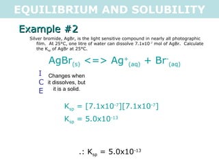 EQUILIBRIUM AND SOLUBILITY Example #2 Silver bromide, AgBr, is the light sensitive compound in nearly all photographic film.  At 25°C, one litre of water can dissolve 7.1x10 -7  mol of AgBr.  Calculate the K sp  of AgBr at 25°C. AgBr (s)  <=> Ag + (aq)  + Br - (aq) I  0  0 C  +7.1x10 -7  +7.1x10 -7   E  7.1x10 -7   7.1x10 -7   Changes when it dissolves, but it is a solid. K sp  = [7.1x10 -7 ][7.1x10 -7 ] K sp  = 5.0x10 -13 .: K sp  = 5.0x10 -13 