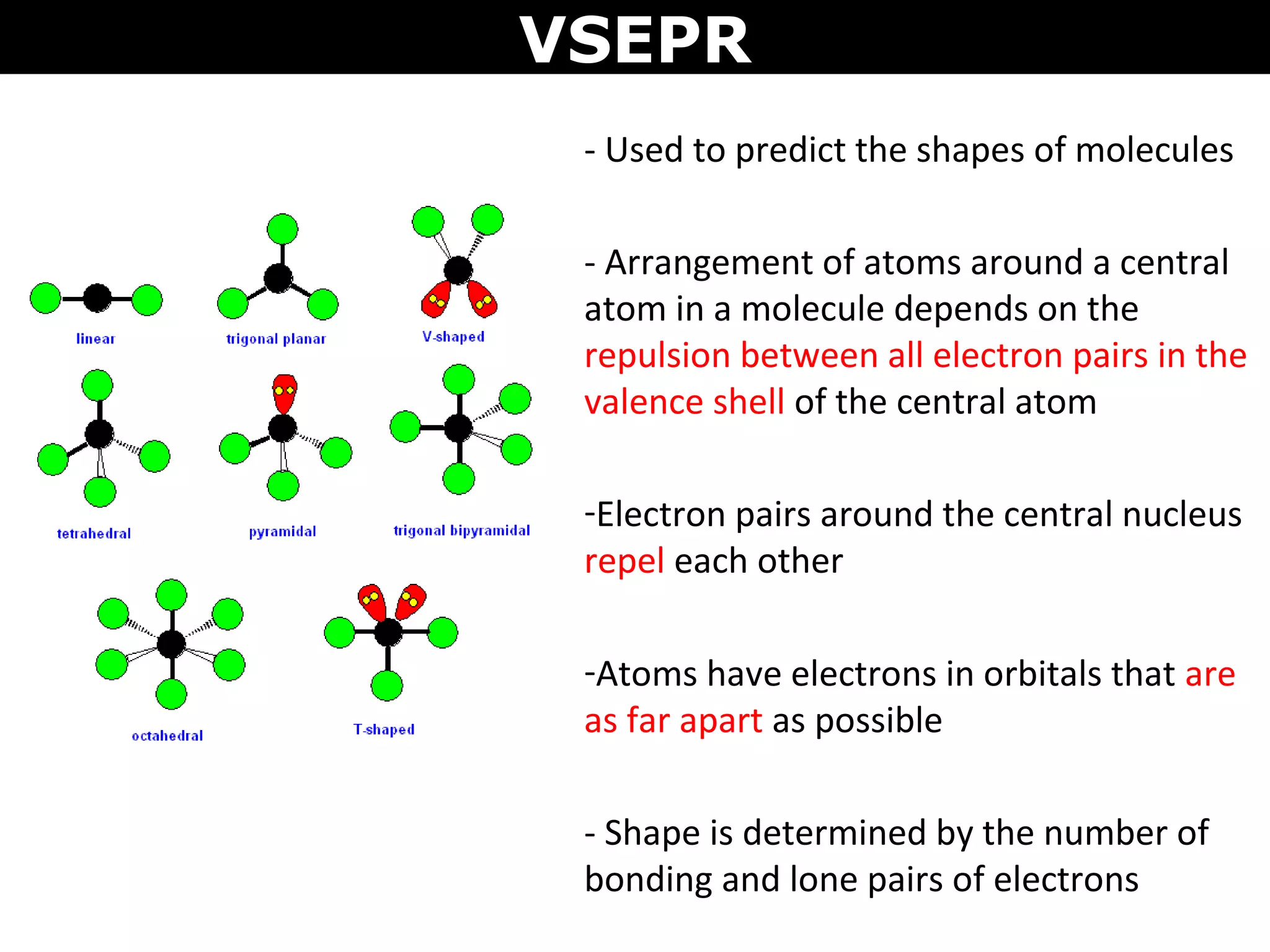 VSEPR
- Used to predict the shapes of molecules
- Arrangement of atoms around a central
atom in a molecule depends on the
repulsion between all electron pairs in the
valence shell of the central atom
-Electron pairs around the central nucleus
repel each other
-Atoms have electrons in orbitals that are
as far apart as possible
- Shape is determined by the number of
bonding and lone pairs of electrons
 