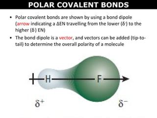 • Polar covalent bonds are shown by using a bond dipole
(arrow indicating a ΔEN travelling from the lower (δ+
) to the
higher (δ-
) EN)
• The bond dipole is a vector, and vectors can be added (tip-to-
tail) to determine the overall polarity of a molecule
POLAR COVALENT BONDS
 