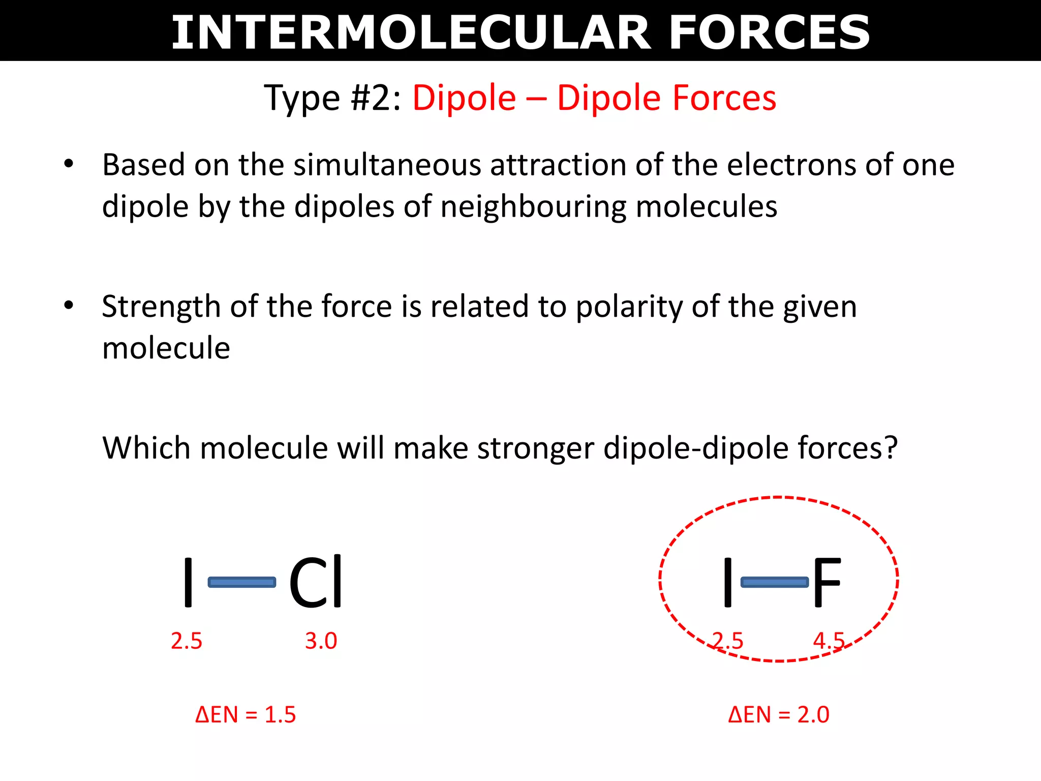 • Based on the simultaneous attraction of the electrons of one
dipole by the dipoles of neighbouring molecules
• Strength of the force is related to polarity of the given
molecule
Which molecule will make stronger dipole-dipole forces?
Type #2: Dipole – Dipole Forces
INTERMOLECULAR FORCES
I Cl I F
2.5 3.0 2.5 4.5
ΔEN = 1.5 ΔEN = 2.0
 